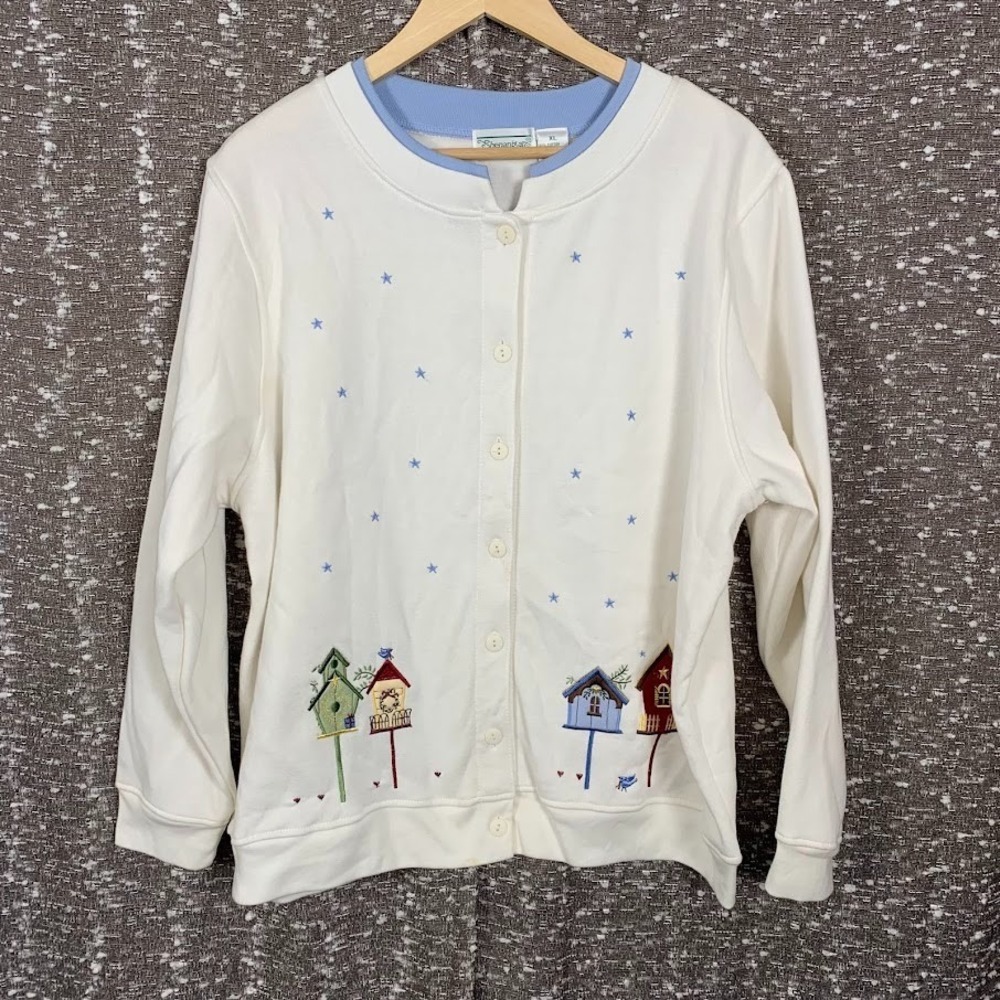 Vintage Shenanigans Button Up Sweater Cardigan Birdhouse Cottagecore Women's XL